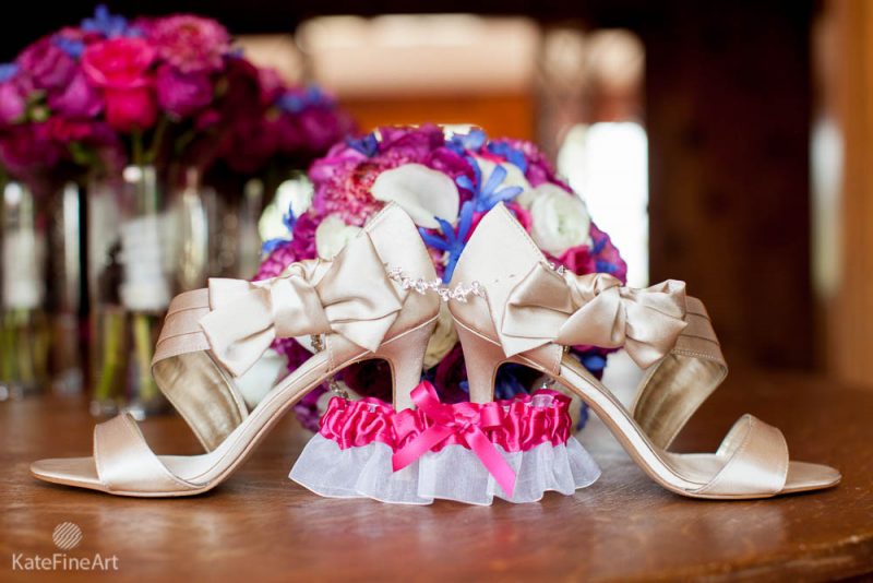 bride's shoes and bouquet