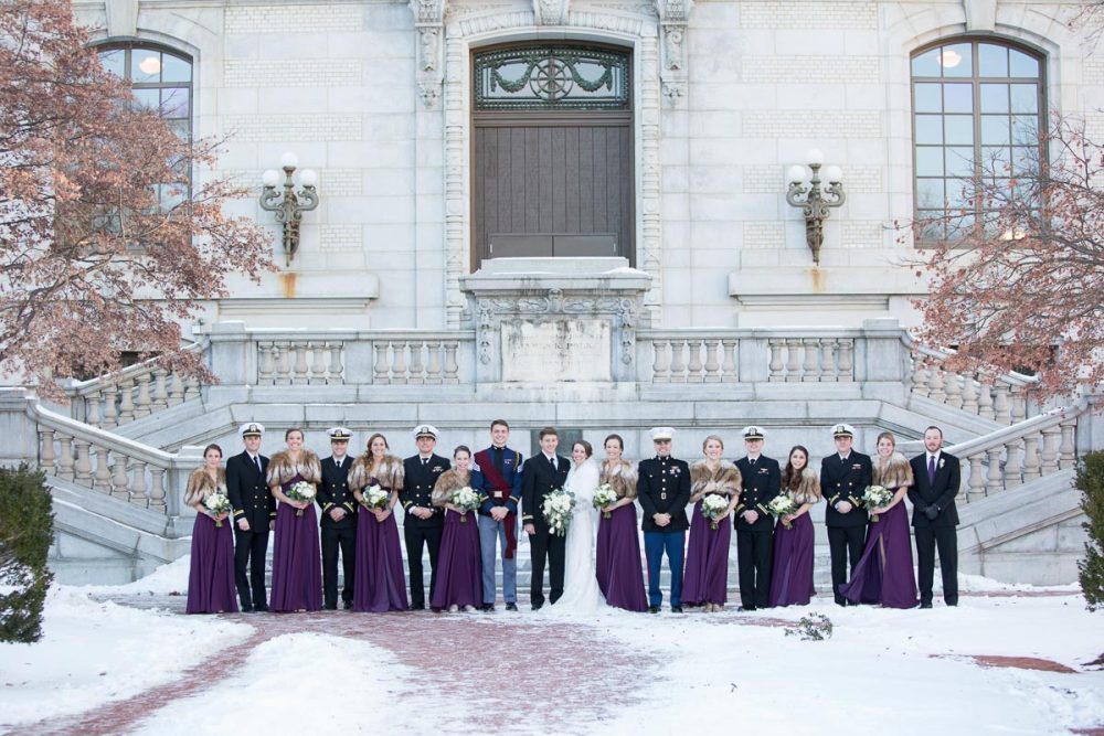 Wedding Party in the winter at the US Naval Academy