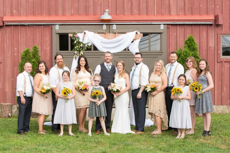 Wedding Party in front of the red barn on Hemlock Farm
